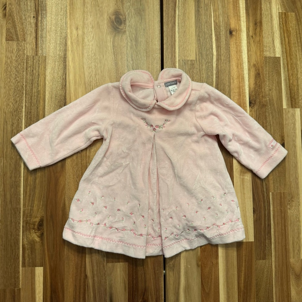 Vintage Carters soft pink long sleeve flower embroidered dress with collar 9-12m